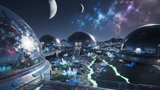 Nighttime view of a futuristic space colony with illuminated dome habitats and glowing crystals on an alien world