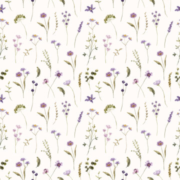 mini purple wildflower watercolor seamless pattern
