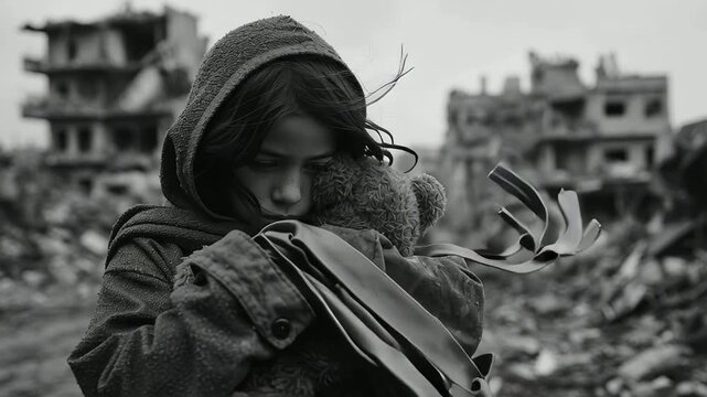 Child war teddy bear refugee crisis poverty sadness black and white destruction hope despair sorrow