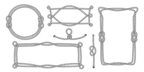 Nautical rope frames and vintage sailor knots collection. Vector marine borders with braided patterns and maritime decorative elements. Classic naval design with round, rhombus and rectangular shapes. © klyaksun