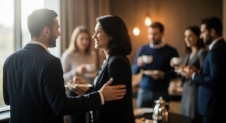 Obraz premium Professional Breakfast Gathering Blur – Soft-focus image of businesspeople engaging in casual networking