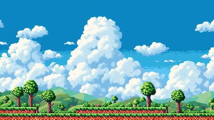Pixel art landscape clouds sky trees nature background retro game pixelated digital art scenic view - Powered by Adobe
