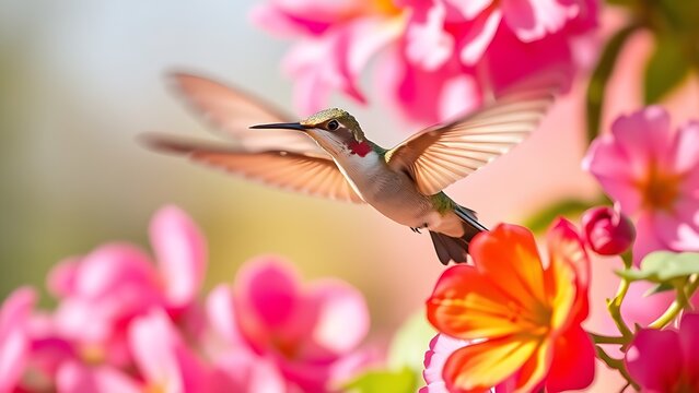 regress. A hummingbird in motion among vibrant flowers, wings blurred against a soft background. wildlife magazines, conservation campaigns, designed for wildlife conservation campaigns.