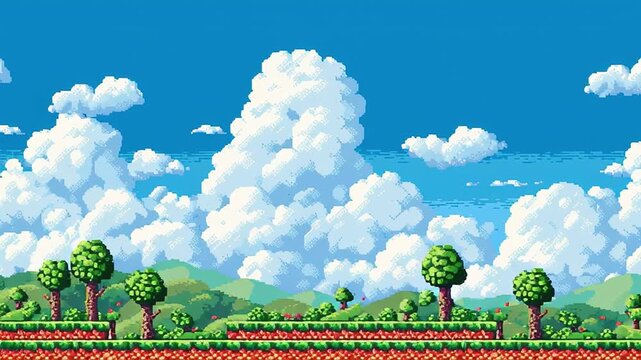 Pixel art landscape clouds sky trees nature background retro game pixelated digital art scenic view