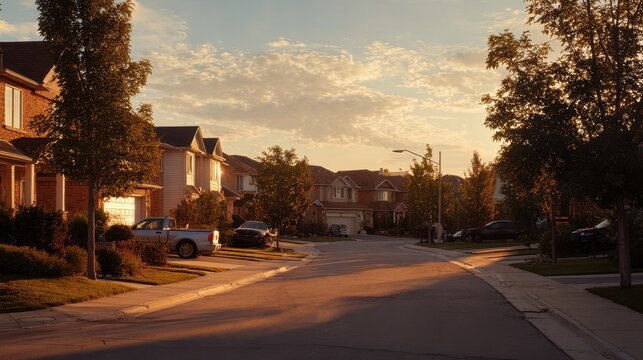 Golden hour light illuminates a quiet suburban street lined with homes and mature trees.