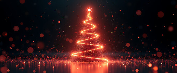 Abstract glowing christmas tree made of red light particles with festive bokeh