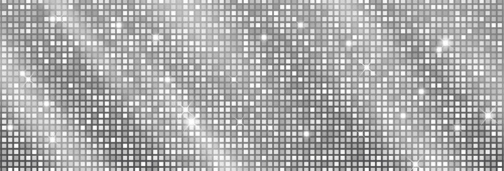 Fototapeta na wymiar Disco ball background with glitter mosaic pattern and mirror tile texture. Silver sequin party backdrop with sparkle effect for dance club floor. Seamless disco wall with neon light and retro shine.