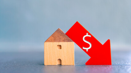 Wooden house with red arrow and dollar symbol pointing downward represents real estate market crash, falling property value, mortgage crisis, housing recession, and financial downturn.