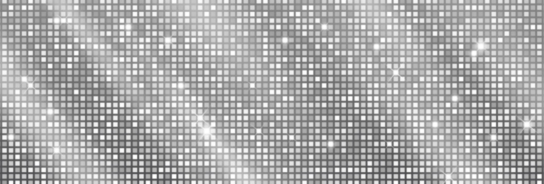 Disco ball background with glitter mosaic pattern and mirror tile texture. Silver sequin party backdrop with sparkle effect for dance club floor. Seamless disco wall with neon light and retro shine.