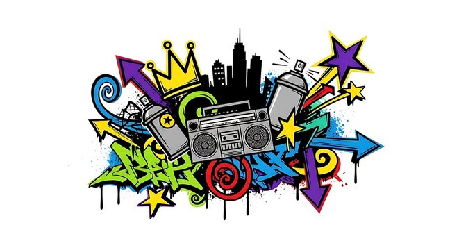 Vibrant Graffiti Art with Urban Elements and Bold Colors.
