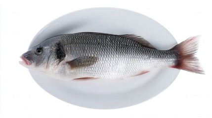 Fototapeta premium Fresh sea bass on white plate isolated on white background. Generative AI