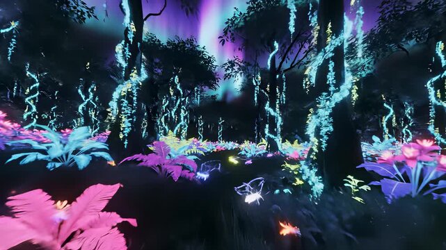 Tall, lush trees with vibrant purple and blue flowers blooming amidst surreal, neon lit elet forest awakening, perfect for conveying innovation, forward thinking concepts, or representing.