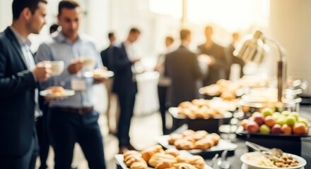 Morning Business Social Blur – Blurred view of colleagues networking during breakfast event