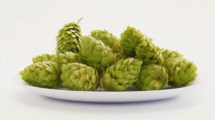 Fototapeta premium Fresh green hop cones on white plate isolated on white background. Generative AI