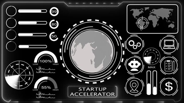 Startup Accelerator Futuristic Dashboard Interface. Business, technology, internet and networking concept .global maps, and complex graphical data..4k motion.