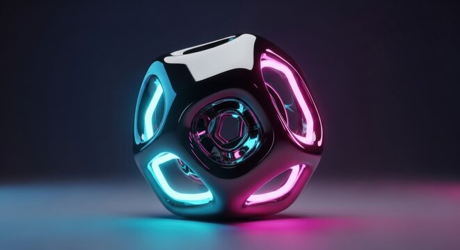 Abstract metallic cube with rounded edges, illuminated by neon pink and blue lights on a dark background.