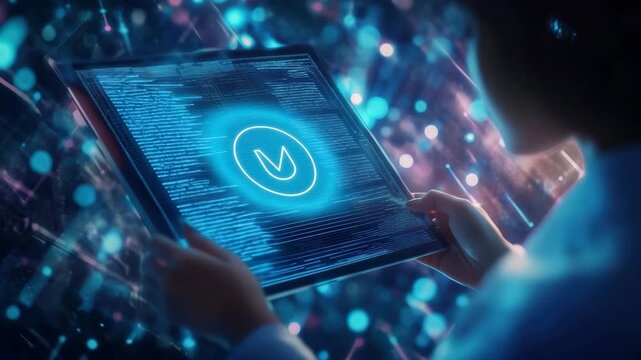 Software developer working with verification code on futuristic transparent tablet