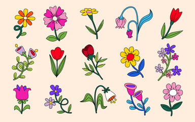 Groovy flower vector set with cute daisy patterns in retro 70s style. Spring floral elements with simple geometric shapes and childish designs. vintage Botanical illustrations with hippie aesthetic.