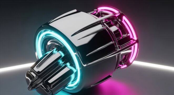 Abstract geometric shape with reflective surfaces illuminated by neon pink and blue lights, creating a futuristic aesthetic. - Powered by Adobe