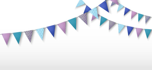 Obraz premium Colorful pennant garland with triangle paper flag bunting for festive birthday party. Hanging banner decoration on string border with cheerful carnival atmosphere. 3d vector celebration banner.