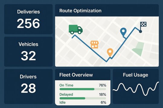 Route optimization and fleet management dashboard with key performance indicators