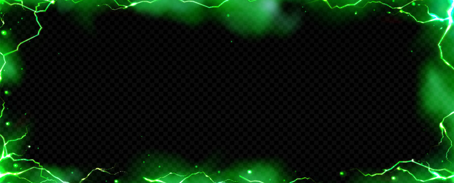 Green smoke and lightning background with thunder effect on black. Magic light frame with toxic fog, energy bolts and wizard glow. Transparent overlay with creepy mysterious elements and neon border.