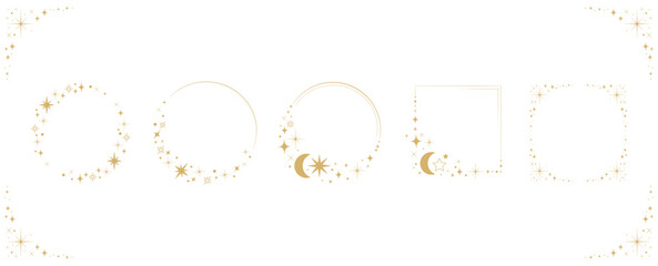 Set of golden celestial frames in circular and square shapes with stars, sparkles, and crescent moons, perfect for invitations, mystical branding, astrology designs, greeting cards, packaging. Vector