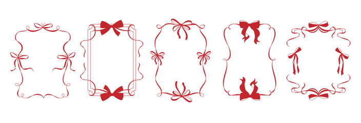 Set of hand drawn frames with ribbon and bow in romantic styles for greeting cards, wedding invitations, Valentines Day designs, packaging, scrapbooking, event printable stationery Vector illustration