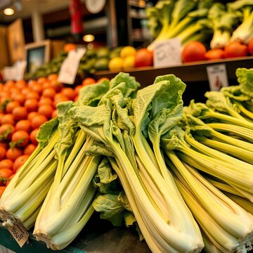 Crisp celtuce stalks at market stall, healthy produce,  healthy eating,  natural