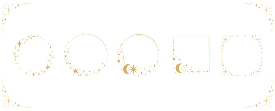 Set of golden celestial frames in circular and square shapes with stars, sparkles, and crescent moons, perfect for invitations, mystical branding, astrology designs, greeting cards, packaging. Vector