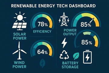 Renewable energy tech dashboard showing solar, wind, and battery power efficiency