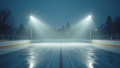 Empty ice rink illuminated by spotlights in foggy winter night