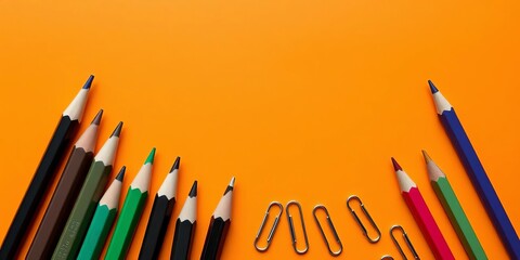 Several pencils and paper clips arranged on a vibrant orange background, overhead, visual
