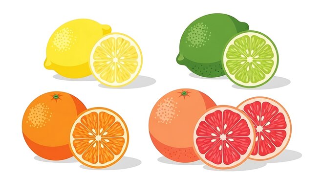 Collection of Fresh Citrus Fruits Including Lemons Limes Oranges and Grapefruits.
