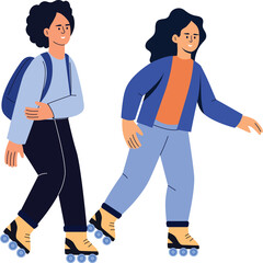 Two people wearing roller skates and casual clothing moving forward with backpacks in a bright indoor setting with a transparent background ideal for design elements