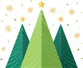 Modern Geometric Christmas Trees with Stars and Snowflakes Vector Illustration