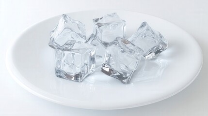 Crystal clear ice cubes on a white plate isolated. Generative AI