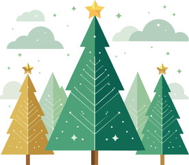 Modern Geometric Christmas Trees with Stars and Snowflakes Vector Illustration