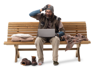 Homeless Man Sitting on Bench Using Laptop on White Background. Online Fraud Risk