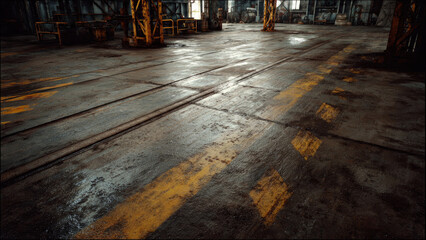 Gritty industrial warehouse floor with embedded tracks, faded yellow markings, and reflective wet patches under ambient light, revealing an old, worn environment.