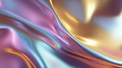 Naklejka premium Abstract fluid metallic waves blend rose gold, shimmering teal, and soft purple. This luxurious, iridescent texture creates a modern, vibrant, and elegant holographic background.