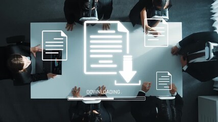 A business team engages in collaboration over digital documents, featuring a download progress indicator and modern technology in a contemporary office setting. Raster - Powered by Adobe