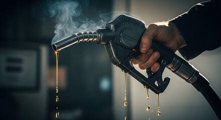 Fuel nozzle drips gasoline, creating an image of waste and environmental concerns, A hand holds a fuel pump, dripping with golden gasoline, emphasizing resource depletion