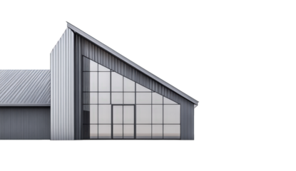 Modern gray house isolated on transparent background featuring a striking triangular window design and a sleek, minimalist aesthetic, showcasing contemporary architectural style