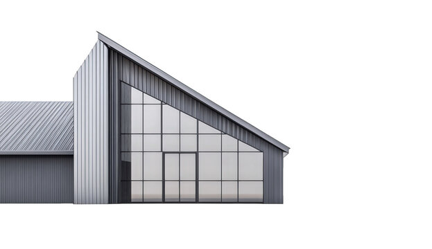 Modern gray house isolated on transparent background featuring a striking triangular window design and a sleek, minimalist aesthetic, showcasing contemporary architectural style