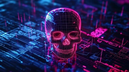 Digital skull emerging from binary code in cyberspace representing cyber crime and data breach - Powered by Adobe