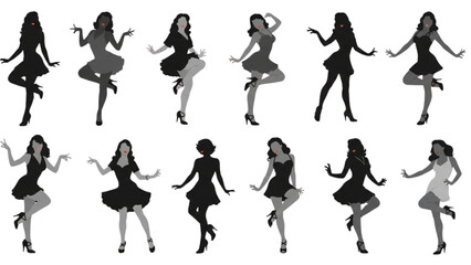 Diverse Female Silhouettes and Illustrations Expressing Joyful Dance, Graceful Movement, and Empowerment in Elegant Poses