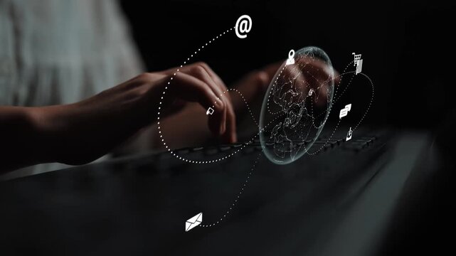 Visualization of global digital communication and online across multiple platforms, including global network, digital network, communication network, and online network. Marrow