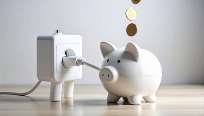 White piggy bank with coins and outlet, symbolizing financial and energy savings.