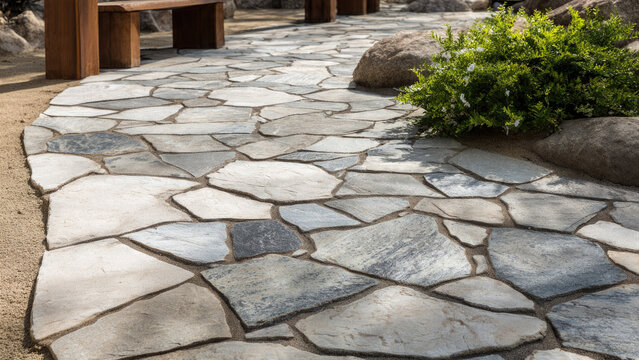 Irregular grey and white flagstone pathway winds through a garden, bordered by sand. A wooden bench and green shrub are nearby.